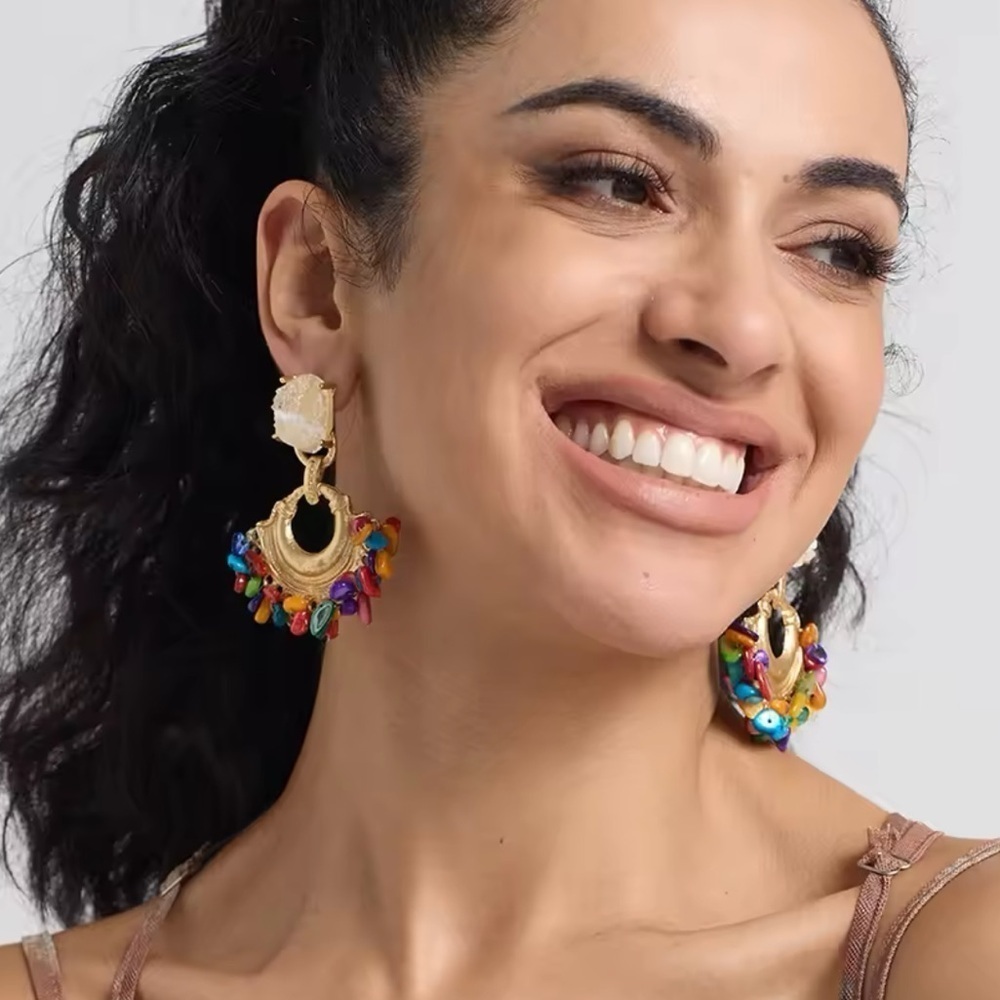 Zara Colorful Stones Beaded Druzy Hoop Earrings
